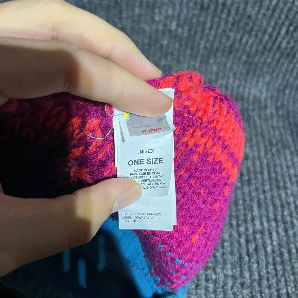 The North Face Beanie Unisex One Size Blue Pink Pom Pom Knit Winter Hat Logo